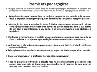 Premissas pedagógicas
A situação didática foi elaborada com base no modelo pedagógico Montessori e baseado nos
princípios dos Parametros Curriculares Nacionais. As premissas pedagógicas do projeto são:
• Autoeducação: para desenvolver os projetos propostos em sala de aula, o aluno
deve o explorar, investigar e pesquisar, deixando de ser apenas receptor passivo.
• Motivação intrínseca: escolha do tema foi feita pensando no interesse do aluno,
com a possibilidade de realizar uma atividade que se relaciona com a sua forma
de ser, com o seu interesse, o seu gosto, e se sinta motivado, e não obrigado, a
realizá-la.
• Confiança e competência: o projeto visa as preferências do aluno para que este se
sinta confiante e competente para criação de seu auto-retrato como desejar;
• Autonomia: o aluno toma suas próprias decisões sem a interferência do professor
em sua atividade;
• Educação cósmica: conhecimento de mundo, importância do seu papel no mundo.
• Professor observador: o professor é propositor e observador;
• Foco no progresso individual: o projeto foca no desenvolvimento pessoal de cada
aluno, para que este se torne mais entendedor de si mesmo, de seu lugar no
mundo, para que descubra sua poética.
 