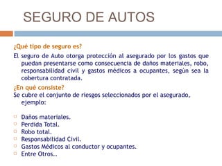 SEGURO DE AUTOS
¿Qué tipo de seguro es?
El seguro de Auto otorga protección al asegurado por los gastos que
   puedan presentarse como consecuencia de daños materiales, robo,
   responsabilidad civil y gastos médicos a ocupantes, según sea la
   cobertura contratada.
¿En qué consiste?
Se cubre el conjunto de riesgos seleccionados por el asegurado,
   ejemplo:

   Daños materiales.
   Perdida Total.
   Robo total.
   Responsabilidad Civil.
   Gastos Médicos al conductor y ocupantes.
   Entre Otros..
 