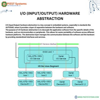 WWW.PIESTSYSTEMS.COM
I/O (INPUT/OUTPUT) HARDWARE
ABSTRACTION
I/O (Input/Output) hardware abstraction is a key concept in embedded systems, especially in standards like
AUTOSAR, where it provides a layer of separation between the hardware and software.
The purpose of I/O hardware abstraction is to decouple the application software from the specific details of the
hardware, such as microcontrollers or peripherals. This allows for easier portability of software across different
hardware platforms. The abstraction layer manages the communication between the software and the hardware
by providing standardized interfaces and services.
 