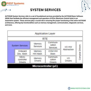 SYSTEM SERVICES
WWW.PIESTSYSTEMS.COM
AUTOSAR System Services refer to a set of foundational services provided by the AUTOSAR Basic Software
(BSW) that facilitate the efficient management and operation of ECUs (Electronic Control Units) in an
automotive system. These services play a crucial role in ensuring the proper functioning of the entire AUTOSAR
architecture, offering key functionalities such as memory management, communication, diagnostic services,
and more.
 