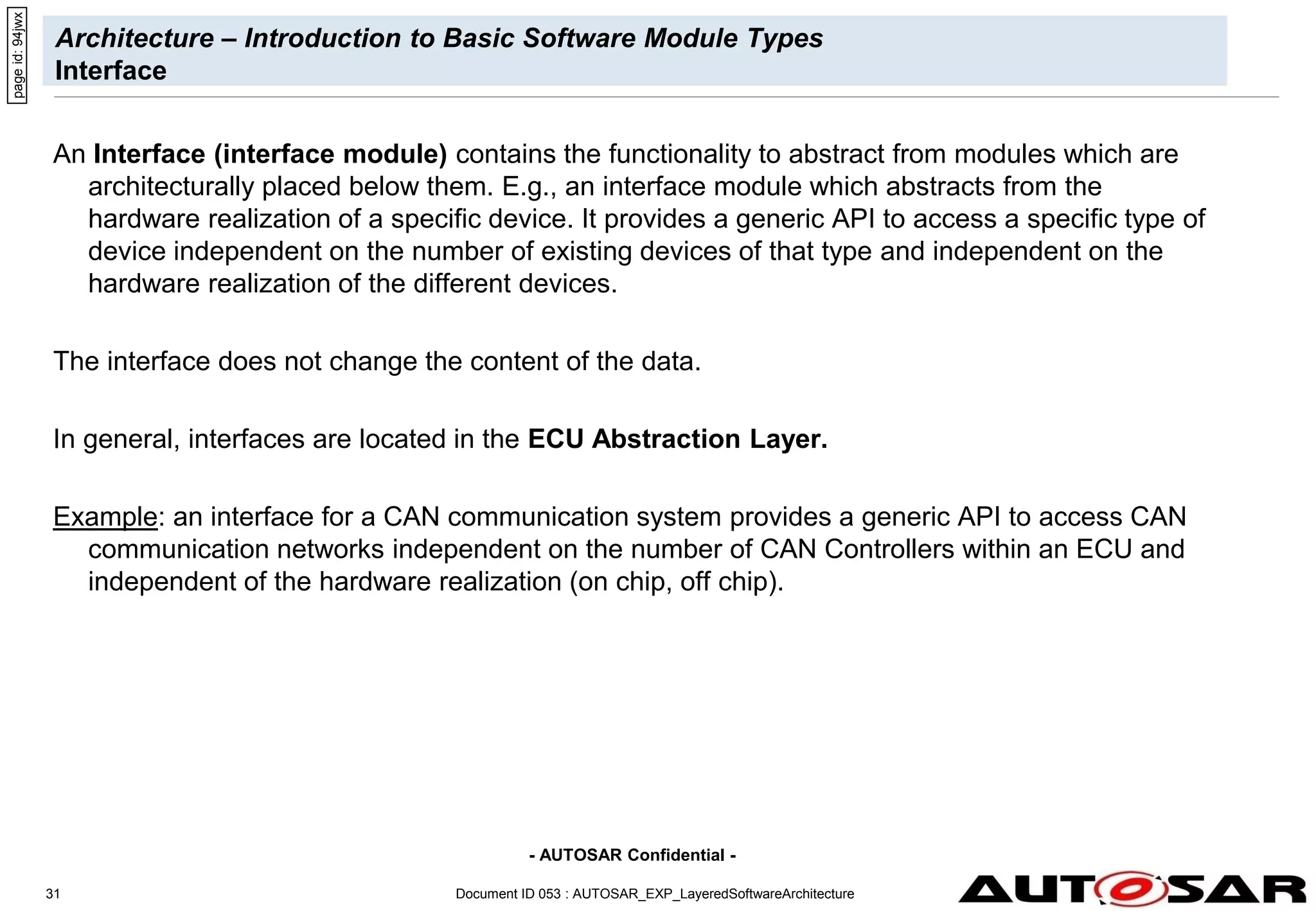 - AUTOSAR Confidential -
Document ID 053 : AUTOSAR_EXP_LayeredSoftwareArchitecture
31
Architecture – Introduction to Basic Software Module Types
Interface
An Interface (interface module) contains the functionality to abstract from modules which are
architecturally placed below them. E.g., an interface module which abstracts from the
hardware realization of a specific device. It provides a generic API to access a specific type of
device independent on the number of existing devices of that type and independent on the
hardware realization of the different devices.
The interface does not change the content of the data.
In general, interfaces are located in the ECU Abstraction Layer.
Example: an interface for a CAN communication system provides a generic API to access CAN
communication networks independent on the number of CAN Controllers within an ECU and
independent of the hardware realization (on chip, off chip).
page
id:
94jwx
 