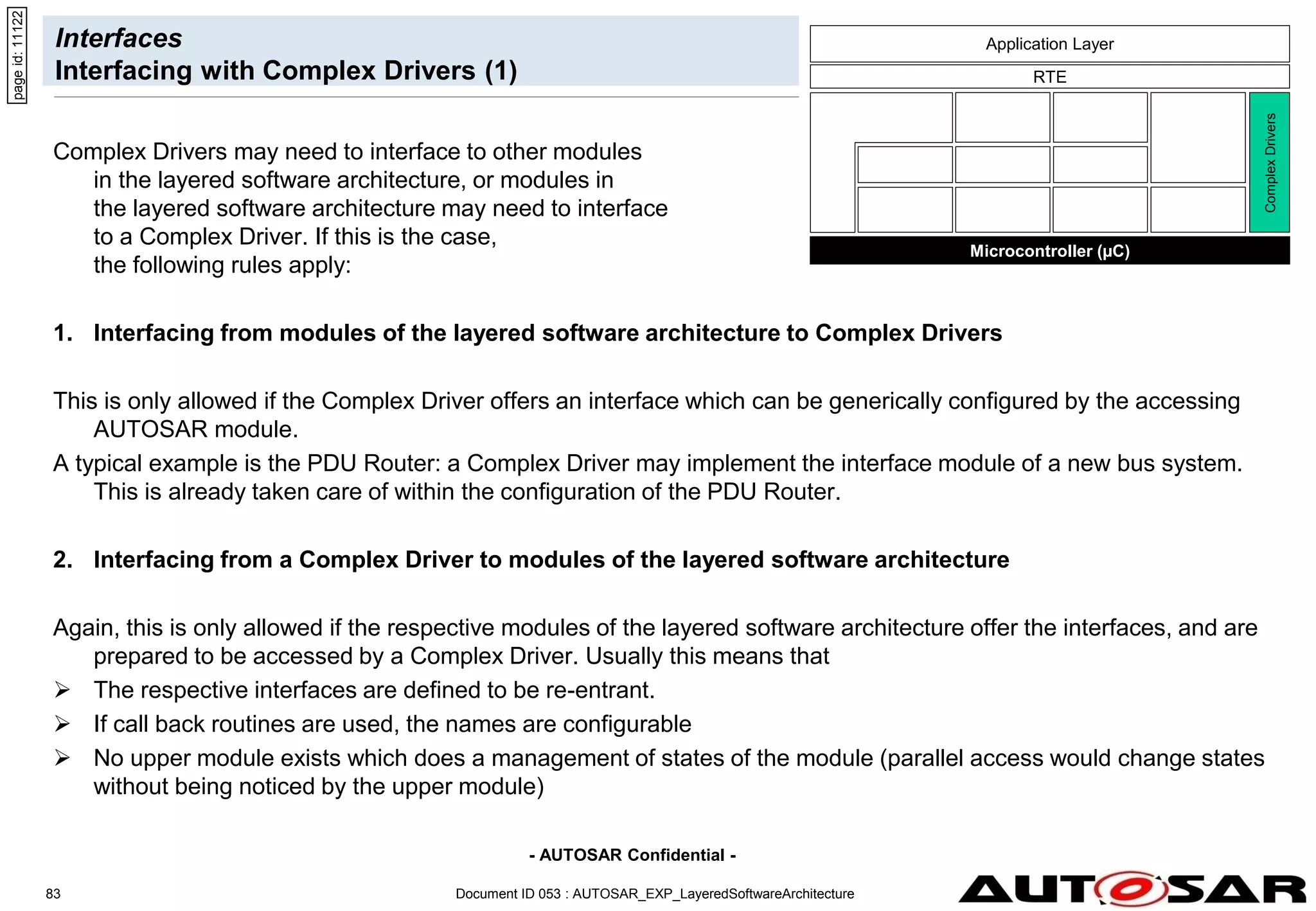 - AUTOSAR Confidential -
Document ID 053 : AUTOSAR_EXP_LayeredSoftwareArchitecture
83
Interfaces
Interfacing with Complex Drivers (1)
Complex Drivers may need to interface to other modules
in the layered software architecture, or modules in
the layered software architecture may need to interface
to a Complex Driver. If this is the case,
the following rules apply:
1. Interfacing from modules of the layered software architecture to Complex Drivers
This is only allowed if the Complex Driver offers an interface which can be generically configured by the accessing
AUTOSAR module.
A typical example is the PDU Router: a Complex Driver may implement the interface module of a new bus system.
This is already taken care of within the configuration of the PDU Router.
2. Interfacing from a Complex Driver to modules of the layered software architecture
Again, this is only allowed if the respective modules of the layered software architecture offer the interfaces, and are
prepared to be accessed by a Complex Driver. Usually this means that
 The respective interfaces are defined to be re-entrant.
 If call back routines are used, the names are configurable
 No upper module exists which does a management of states of the module (parallel access would change states
without being noticed by the upper module)
Complex
Drivers
Microcontroller (µC)
RTE
Application Layer
page
id:
11122
 