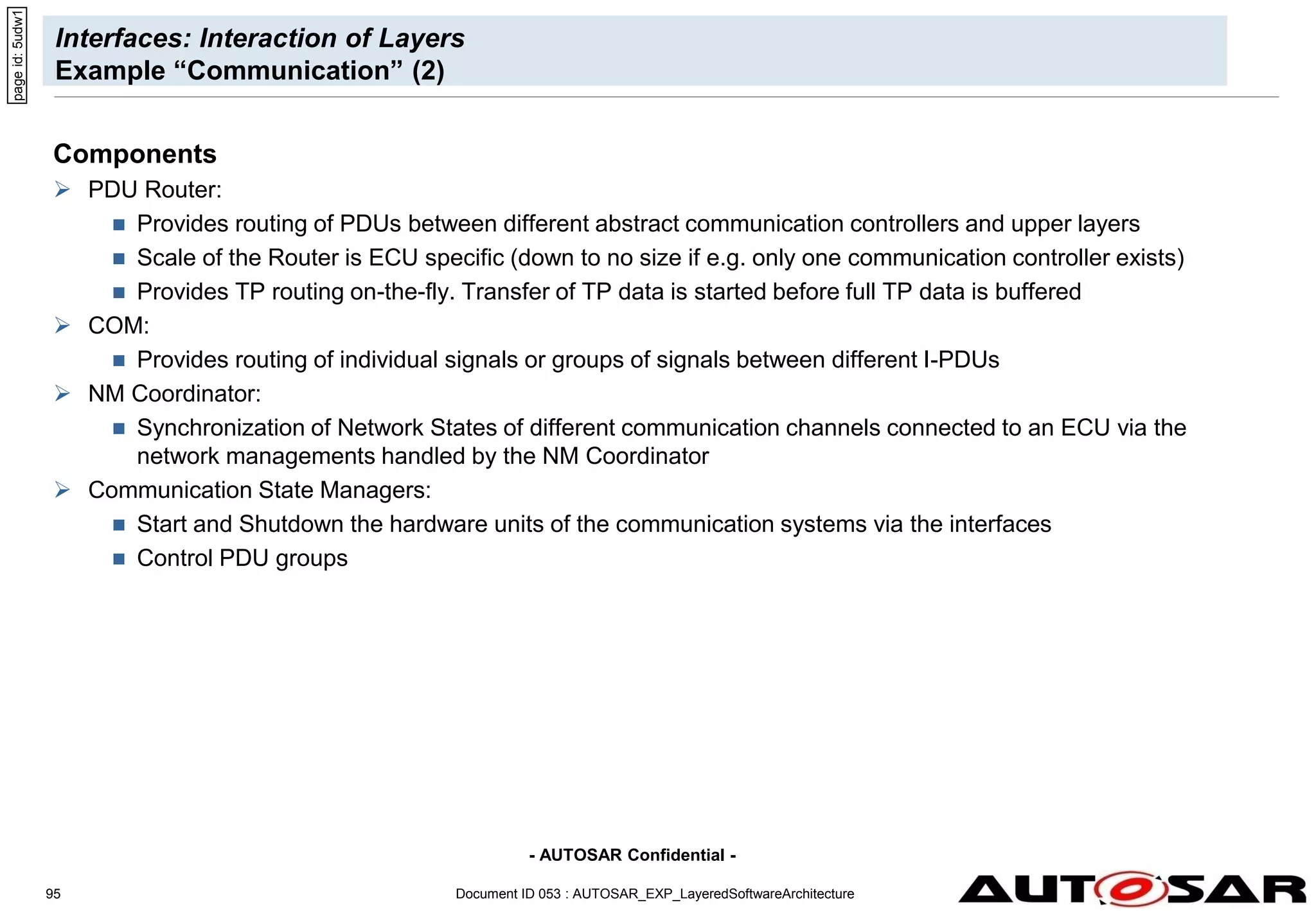 - AUTOSAR Confidential -
Interfaces: Interaction of Layers
Example “Communication” (2)
Components
 PDU Router:
 Provides routing of PDUs between different abstract communication controllers and upper layers
 Scale of the Router is ECU specific (down to no size if e.g. only one communication controller exists)
 Provides TP routing on-the-fly. Transfer of TP data is started before full TP data is buffered
 COM:
 Provides routing of individual signals or groups of signals between different I-PDUs
 NM Coordinator:
 Synchronization of Network States of different communication channels connected to an ECU via the
network managements handled by the NM Coordinator
 Communication State Managers:
 Start and Shutdown the hardware units of the communication systems via the interfaces
 Control PDU groups
Document ID 053 : AUTOSAR_EXP_LayeredSoftwareArchitecture
95
page
id:
5udw1
 