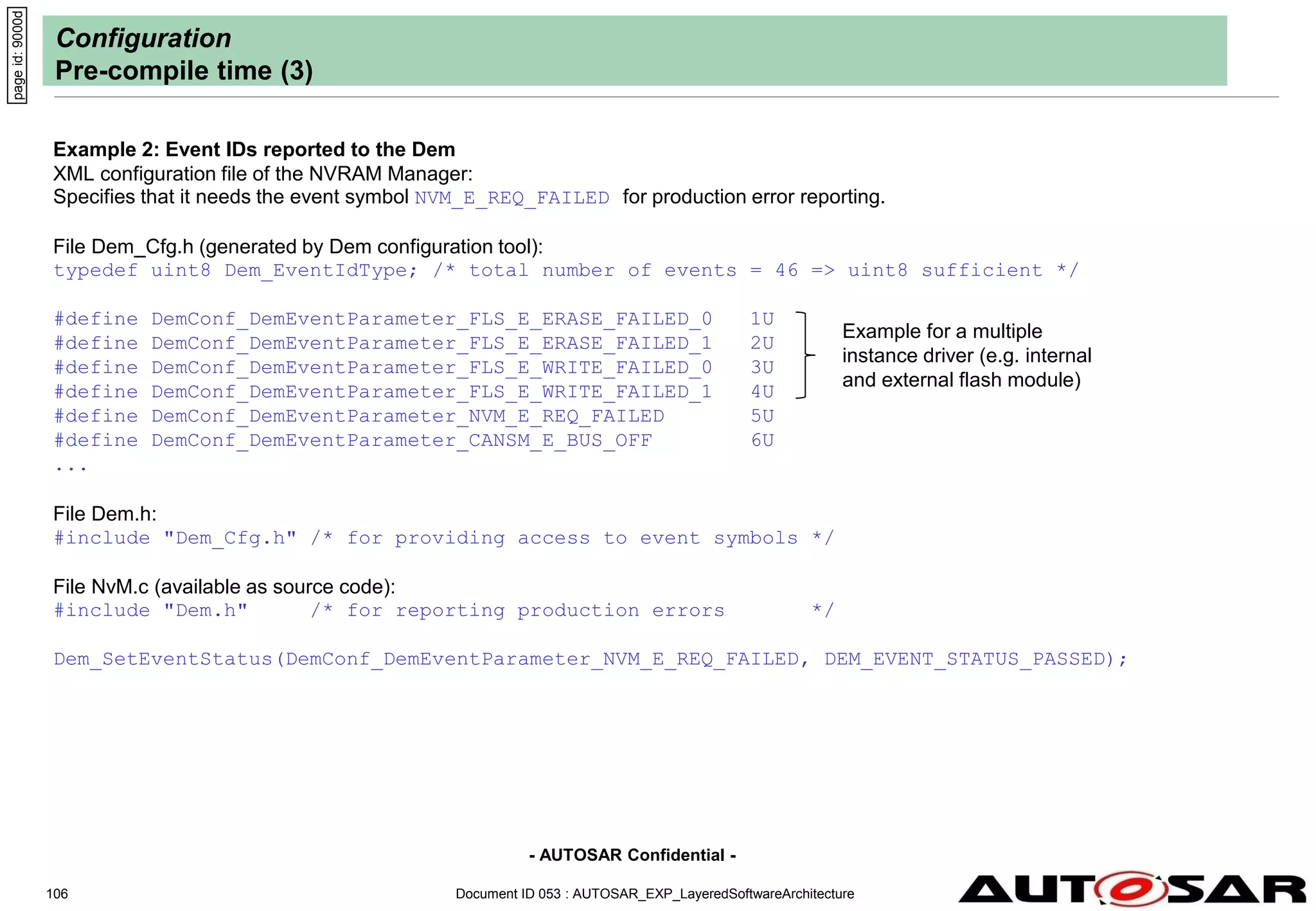 - AUTOSAR Confidential -
Document ID 053 : AUTOSAR_EXP_LayeredSoftwareArchitecture
106
Configuration
Pre-compile time (3)
Example 2: Event IDs reported to the Dem
XML configuration file of the NVRAM Manager:
Specifies that it needs the event symbol NVM_E_REQ_FAILED for production error reporting.
File Dem_Cfg.h (generated by Dem configuration tool):
typedef uint8 Dem_EventIdType; /* total number of events = 46 => uint8 sufficient */
#define DemConf_DemEventParameter_FLS_E_ERASE_FAILED_0 1U
#define DemConf_DemEventParameter_FLS_E_ERASE_FAILED_1 2U
#define DemConf_DemEventParameter_FLS_E_WRITE_FAILED_0 3U
#define DemConf_DemEventParameter_FLS_E_WRITE_FAILED_1 4U
#define DemConf_DemEventParameter_NVM_E_REQ_FAILED 5U
#define DemConf_DemEventParameter_CANSM_E_BUS_OFF 6U
...
File Dem.h:
#include "Dem_Cfg.h" /* for providing access to event symbols */
File NvM.c (available as source code):
#include "Dem.h" /* for reporting production errors */
Dem_SetEventStatus(DemConf_DemEventParameter_NVM_E_REQ_FAILED, DEM_EVENT_STATUS_PASSED);
page
id:
9000d
Example for a multiple
instance driver (e.g. internal
and external flash module)
 