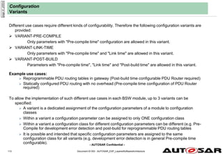 - AUTOSAR Confidential -
Document ID 053 : AUTOSAR_EXP_LayeredSoftwareArchitecture
113
Configuration
Variants
Different use cases require different kinds of configurability. Therefore the following configuration variants are
provided:
 VARIANT-PRE-COMPILE
Only parameters with "Pre-compile time" configuration are allowed in this variant.
 VARIANT-LINK-TIME
Only parameters with "Pre-compile time" and "Link time" are allowed in this variant.
 VARIANT-POST-BUILD
Parameters with "Pre-compile time", "Link time" and "Post-build time" are allowed in this variant.
Example use cases:
 Reprogrammable PDU routing tables in gateway (Post-build time configurable PDU Router required)
 Statically configured PDU routing with no overhead (Pre-compile time configuration of PDU Router
required)
To allow the implementation of such different use cases in each BSW module, up to 3 variants can be
specified:
 A variant is a dedicated assignment of the configuration parameters of a module to configuration
classes
 Within a variant a configuration parameter can be assigned to only ONE configuration class
 Within a variant a configuration class for different configuration parameters can be different (e.g. Pre-
Compile for development error detection and post-build for reprogrammable PDU routing tables
 It is possible and intended that specific configuration parameters are assigned to the same
configuration class for all variants (e.g. development error detection is in general Pre-compile time
configurable).
page
id:
y000m
 
