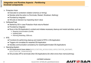 - AUTOSAR Confidential -
Document ID 053 : AUTOSAR_EXP_LayeredSoftwareArchitecture
121
Integration and Runtime Aspects - Partitioning
Involved components
 Protection Hook
 Executed on protection violation (memory or timing)
 Decides what the action is (Terminate, Restart, Shutdown, Nothing)
 Provided by integrator
 OS acts on decision by inspecting return value
 OsRestartTask
 Started by OS in case Protection Hook returns Restart
 Provided by integrator
 Runs in the OS-Application’s context and initiates necessary cleanup and restart activities, such as:
 Stopping communication (ComM)
 Updating NvM
 Informing Watchdog, CDDs etc.
 RTE
 Functions for performing cleanup and restart of RTE in OS-Application
 Triggers init runnables for restarted OS-Application
 Handles communication consistency for restarting/terminated OS-Applications
 Operating System
 OS-Applications have states (APPLICATION_ACCESSIBLE, APPLICATION_RESTART,
APPLICATION_TERMINATED)
 OS provides API to terminate other OS-Applications (for other errors than memory/timing)
page
id:
wweet
 