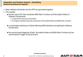 - AUTOSAR Confidential -
Document ID 053 : AUTOSAR_EXP_LayeredSoftwareArchitecture
125
Integration and Runtime Aspects - Scheduling
General Architectural Aspects
 Basic Software Scheduler and the RTE are generated together.
 This enables
 that the same OS Task schedules BSW Main Functions and Runnable Entities of
Software Components
 to optimize the resource consumption
 to configure interlaced execution sequences of Runnable Entities and BSW Main functions.
 a coordinated switching of a Mode affecting BSW Modules and Application Software
Components
 the synchronized triggering of both, Runnable Entities and BSW Main Functions by the
same External Trigger Occurred Event.
page
id:
y331a
 