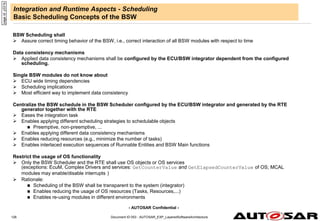 - AUTOSAR Confidential -
Document ID 053 : AUTOSAR_EXP_LayeredSoftwareArchitecture
126
Integration and Runtime Aspects - Scheduling
Basic Scheduling Concepts of the BSW
BSW Scheduling shall
 Assure correct timing behavior of the BSW, i.e., correct interaction of all BSW modules with respect to time
Data consistency mechanisms
 Applied data consistency mechanisms shall be configured by the ECU/BSW integrator dependent from the configured
scheduling.
Single BSW modules do not know about
 ECU wide timing dependencies
 Scheduling implications
 Most efficient way to implement data consistency
Centralize the BSW schedule in the BSW Scheduler configured by the ECU/BSW integrator and generated by the RTE
generator together with the RTE
 Eases the integration task
 Enables applying different scheduling strategies to schedulable objects
 Preemptive, non-preemptive, ...
 Enables applying different data consistency mechanisms
 Enables reducing resources (e.g., minimize the number of tasks)
 Enables interlaced execution sequences of Runnable Entities and BSW Main functions
Restrict the usage of OS functionality
 Only the BSW Scheduler and the RTE shall use OS objects or OS services
(exceptions: EcuM, Complex Drivers and services: GetCounterValue and GetElapsedCounterValue of OS; MCAL
modules may enable/disable interrupts )
 Rationale:
 Scheduling of the BSW shall be transparent to the system (integrator)
 Enables reducing the usage of OS resources (Tasks, Resources,...)
 Enables re-using modules in different environments
page
id:
y331b
 