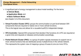 - AUTOSAR Confidential -
Energy Management – Partial Networking
Conceptual terms
 A significant part of energy management is about mode handling. For the terms
 Vehicle Mode,
 Application Mode and
 Basic Software Mode
see chapter 3.4 of this document.
 Virtual Function Cluster (VFC): groups the communication on port level between SW-
components that are required to realize one or more vehicle functions.
This is the logical view and allows for a reusable bus/ECU independent design.
 VFC-Controller: Special SW-component that decides if the functions of a VFC are required at
a given time and requests or releases communication accordingly.
 Partial Network Cluster (PNC): is a group of system signals necessary to support one or
more vehicle functions that are distributed across multiple ECUs in the vehicle network.
This represents the system view of mapping a group of buses to one ore more VFCs.
Document ID 053 : AUTOSAR_EXP_LayeredSoftwareArchitecture
164
page
id:
eep3c
 
