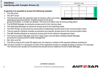 - AUTOSAR Confidential -
Document ID 053 : AUTOSAR_EXP_LayeredSoftwareArchitecture
84
Interfaces
Interfacing with Complex Drivers (2)
In general, it is possible to access the following modules:
 The SPI driver
 The GPT driver
 The I/O drivers with the restriction that re-entrancy often only exists for
separate groups/channels/etc. Parallel access to the same
group/channel/etc. is mostly not allowed. This has to be taken care of during configuration.
 The NVRAM Manager as exclusive access point to the memory stack
 The Watchdog Manager as exclusive access point to the watchdog stack
 The PDU Router as exclusive bus and protocol independent access point to the communication stack
 The bus specific interface modules as exclusive bus specific access point to the communication stack
 The NM Interface Module as exclusive access point to the network management stack
 The Communication Manager (only from upper layer) and the Basic Software Mode Manager
as exclusive access points to state management
 Det, Dem and Dlt
 The OS as long as the used OS objects are not used by a module of the layered software architecture
Still, for each module it is necessary to check if the respective function is marked as being re-entrant. For example,
‘init’ functions are usually not re-entrant and should only be called by the ECU State Manager.
page
id:
11123
Complex
Drivers
Microcontroller (µC)
RTE
Application Layer
 