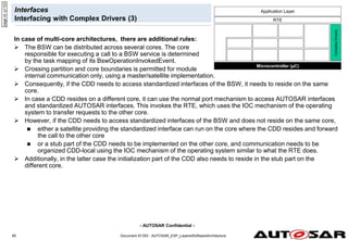 - AUTOSAR Confidential -
Document ID 053 : AUTOSAR_EXP_LayeredSoftwareArchitecture
85
Interfaces
Interfacing with Complex Drivers (3)
In case of multi-core architectures, there are additional rules:
 The BSW can be distributed across several cores. The core
responsible for executing a call to a BSW service is determined
by the task mapping of its BswOperationInvokedEvent.
 Crossing partition and core boundaries is permitted for module
internal communication only, using a master/satellite implementation.
 Consequently, if the CDD needs to access standardized interfaces of the BSW, it needs to reside on the same
core.
 In case a CDD resides on a different core, it can use the normal port mechanism to access AUTOSAR interfaces
and standardized AUTOSAR interfaces. This invokes the RTE, which uses the IOC mechanism of the operating
system to transfer requests to the other core.
 However, if the CDD needs to access standardized interfaces of the BSW and does not reside on the same core,
 either a satellite providing the standardized interface can run on the core where the CDD resides and forward
the call to the other core
 or a stub part of the CDD needs to be implemented on the other core, and communication needs to be
organized CDD-local using the IOC mechanism of the operating system similar to what the RTE does.
 Additionally, in the latter case the initialization part of the CDD also needs to reside in the stub part on the
different core.
page
id:
q1123
Complex
Drivers
Microcontroller (µC)
RTE
Application Layer
 