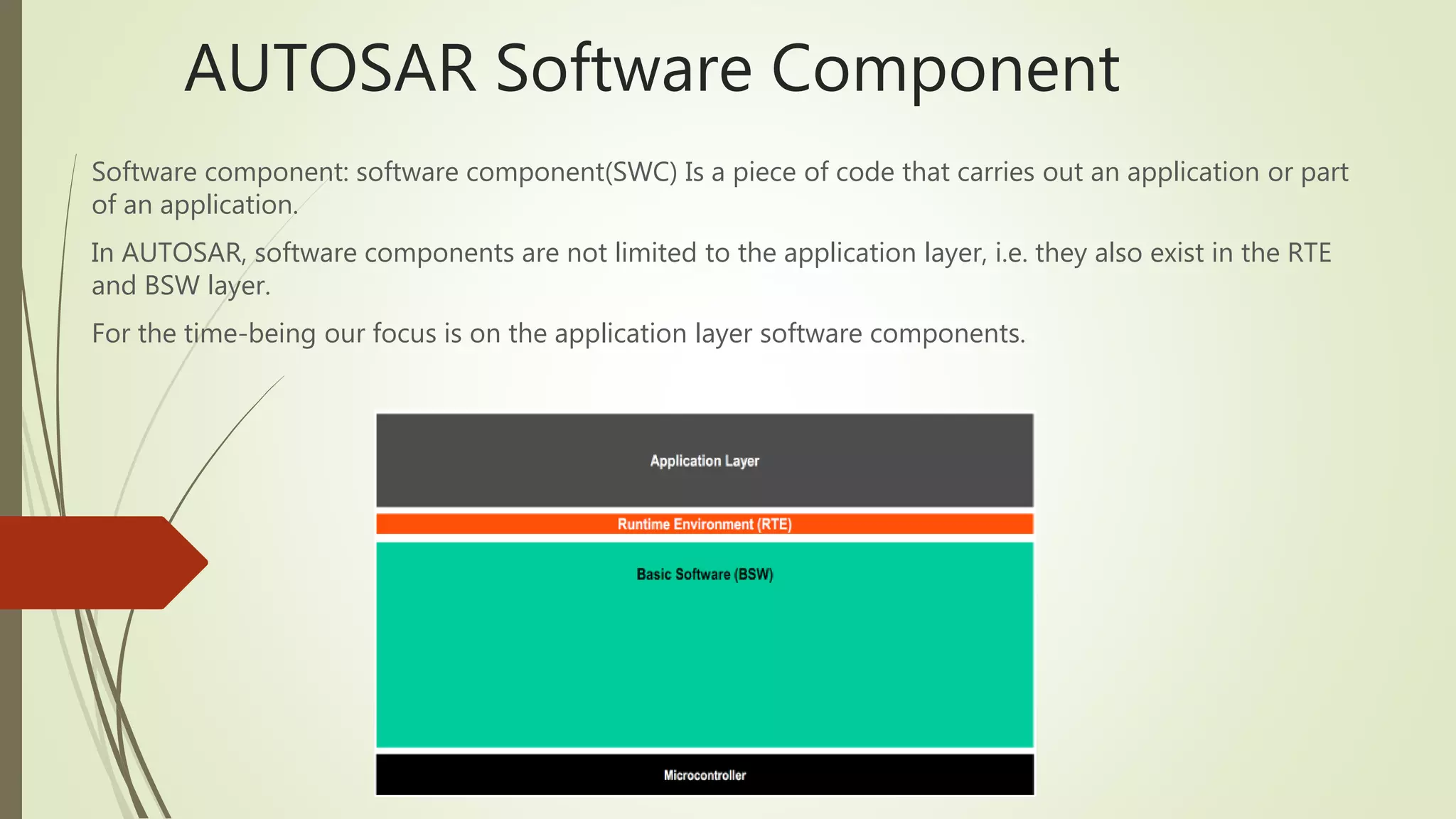 AUTOSAR Software Component
Software component: software component(SWC) Is a piece of code that carries out an application or part
of an application.
In AUTOSAR, software components are not limited to the application layer, i.e. they also exist in the RTE
and BSW layer.
For the time-being our focus is on the application layer software components.
 