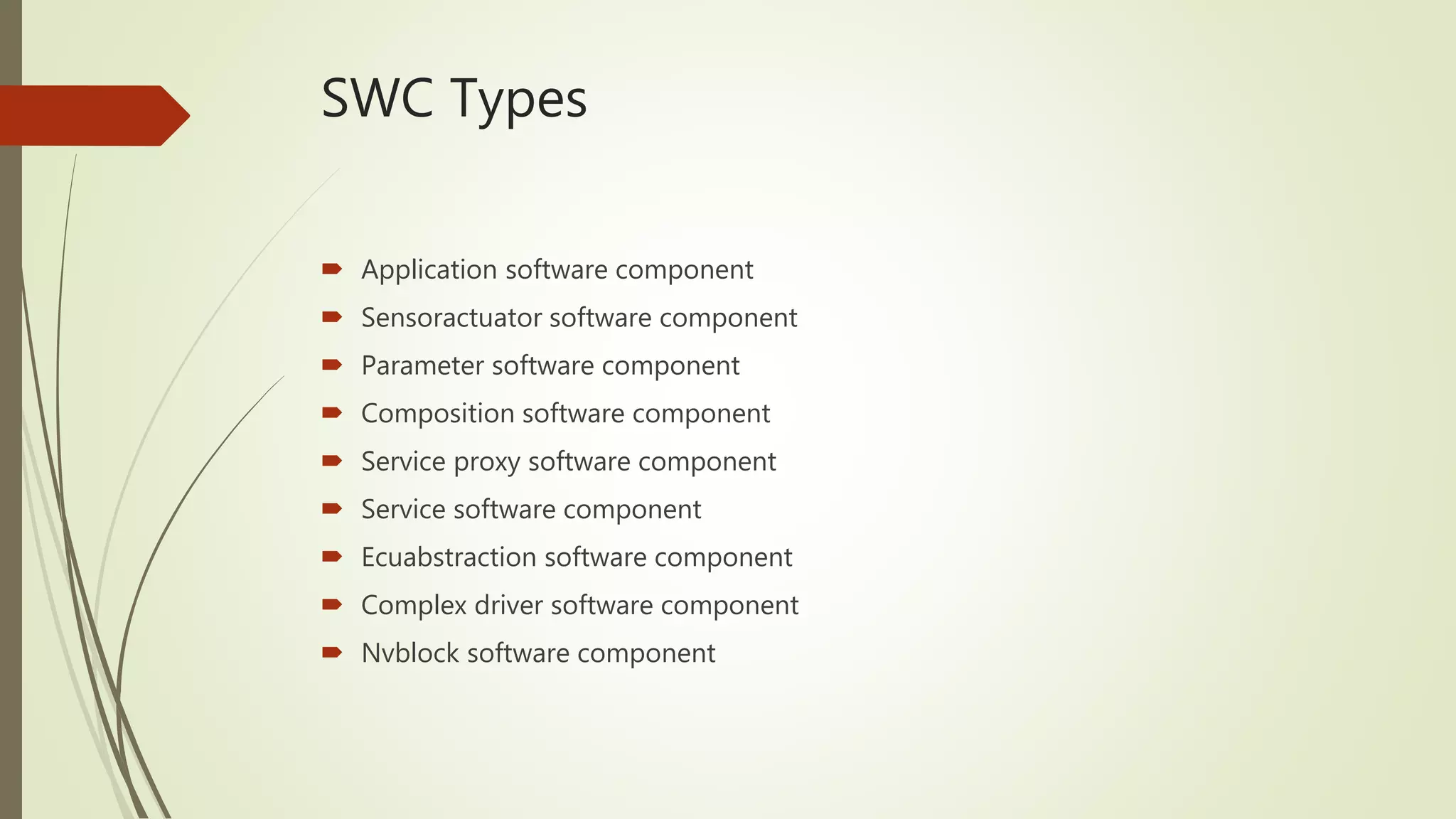 SWC Types
 Application software component
 Sensoractuator software component
 Parameter software component
 Composition software component
 Service proxy software component
 Service software component
 Ecuabstraction software component
 Complex driver software component
 Nvblock software component
 