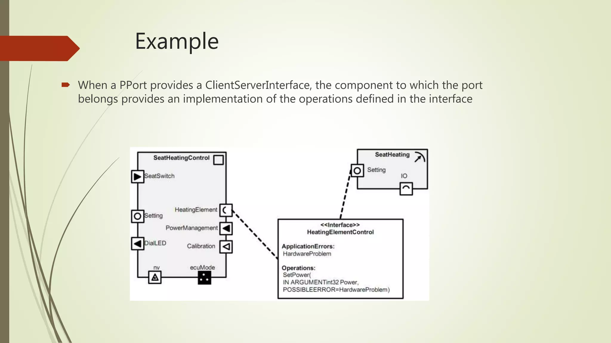 Example
 When a PPort provides a ClientServerInterface, the component to which the port
belongs provides an implementation of the operations defined in the interface
 