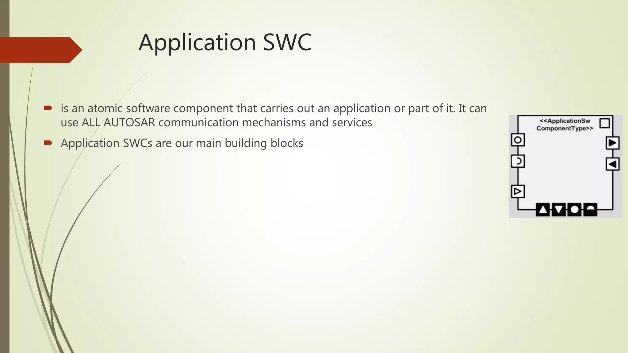 Application SWC
 is an atomic software component that carries out an application or part of it. It can
use ALL AUTOSAR communication mechanisms and services
 Application SWCs are our main building blocks
 