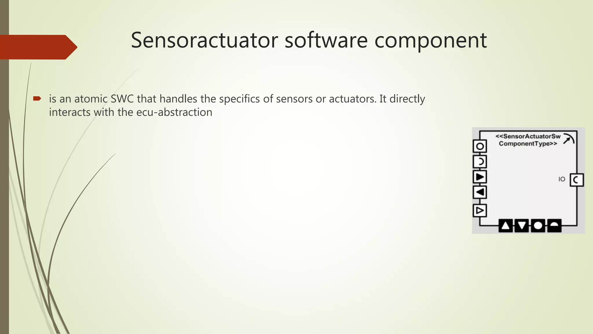 Sensoractuator software component
 is an atomic SWC that handles the specifics of sensors or actuators. It directly
interacts with the ecu-abstraction
 
