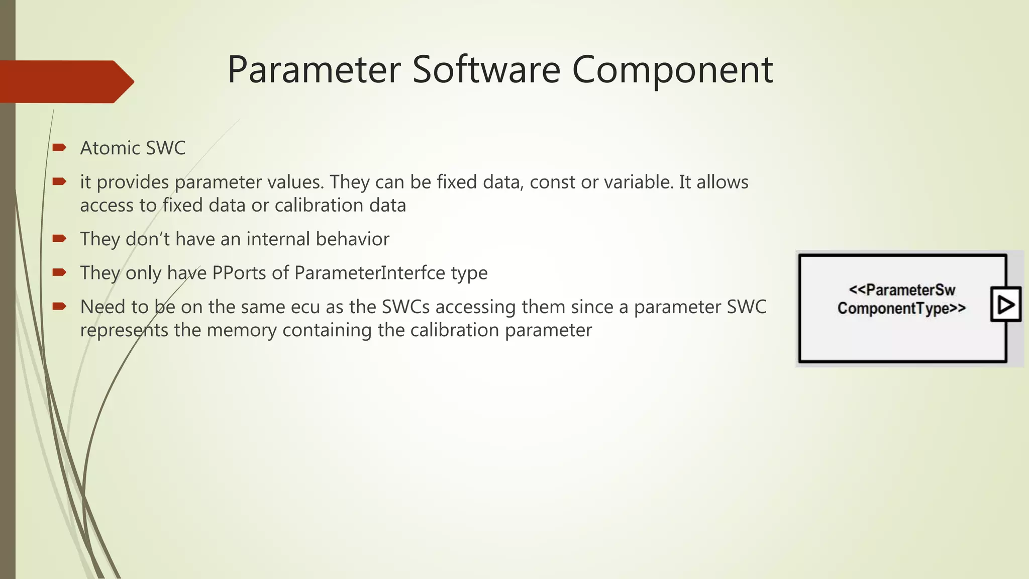 Parameter Software Component
 Atomic SWC
 it provides parameter values. They can be fixed data, const or variable. It allows
access to fixed data or calibration data
 They don’t have an internal behavior
 They only have PPorts of ParameterInterfce type
 Need to be on the same ecu as the SWCs accessing them since a parameter SWC
represents the memory containing the calibration parameter
 