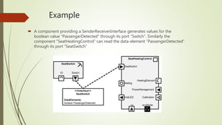 Example
 A component providing a SenderReceiverInterface generates values for the
boolean value “PassengerDetected” through its port “Switch”. Similarly the
component “SeatHeatingControl” can read the data-element “PassengerDetected”
through its port “SeatSwitch”
 