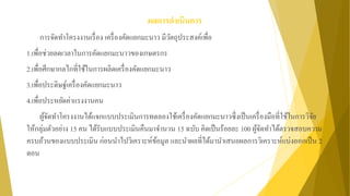 ผลการดาเนินการ
การจัดทาโครงงานเรื่อง เครื่องคัดแยกมะนาว มีวัตถุประสงค์เพื่อ
1.เพื่อช่วยลดเวลาในการคัดแยกมะนาวของเกษตรกร
2.เพื่อศึกษากลไกที่ใช้ในการผลิตเครื่องคัดแยกมะนาว
3.เพื่อประดิษฐ์เครื่องคัดแยกมะนาว
4.เพื่อประหยัดค่าแรงงานคน
ผู้จัดทาโครงงานได้แจกแบบประเมินการทดลองใช้เครื่องคัดแยกมะนาวซึ่งเป็นเครื่องมือที่ใช้ในการวิจัย
ให้กลุ่มตัวอย่าง 15 คน ได้รับแบบประเมินคืนมาจานวน 15 ฉบับ คิดเป็นร้อยละ 100 ผู้จัดทาได้ตรวจสอบความ
ครบถ้วนของแบบประเมิน ก่อนนาไปวิเคราะห์ข้อมูล และนาผลที่ได้มานาเสนอผลการวิเคราะห์แบ่งออกเป็น 2
ตอน
 