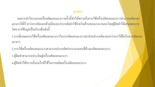 สรุปผล
ผลการทาโครงงานเครื่องคัดแยกมะนาวครั้งนี้ทาให้ทราบถึงการใช้เครื่องคัดแยกมะนาวสามารถคัดแยก
มะนาวได้เร็วกว่าการคัดแยกด้วยมือและประหยัดค่าใช้จ่ายในด้านของแรงงานคนโดยผู้จัดทาได้เสนอผลการ
วิเคราะห์ข้อมูลเป็นประเด็นดังนี้
1.การที่เกษตรกรใช้เครื่องคัดแยกมะนาวในการคัดแยกมะนาวจะช่วยประหยัดเวลากว่าการใช้มือในการคัดแยก
มะนาว
2.การใช้เครื่องคัดแยกมะนาวสามารถประหยัดค่าแรงงานคนที่จ้างมาคัดแยกมะนาว
3.ผู้จัดทาสามารถประดิษฐ์เครื่องคัดแยกมะนาว
4.ผู้จัดทาได้ทราบถึงกลไกที่ใช้ในการผลิตเครื่องคัดแยกมะนาว
 