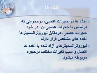 ‫ها‬ ‫خذه‬

‫که‬ ‫درحجراتی‬ ،‫وصبی‬ ‫حجرات‬ ‫در‬ ‫ها‬ ‫خذه‬
‫خود‬ ‫در‬ ،‫ان‬ ‫وصبی‬ ‫حجرات‬ ‫با‬ ‫درتما‬
‫نیوروترانسمیتره‬ ‫درمقابل‬ ،‫وصبی‬ ‫حجرات‬
‫ا‬
‫دارند‬ ‫قرار‬ ‫مشخص‬ ‫های‬ ‫خذه‬

‫ها‬ ‫خذه‬ ‫با‬ ‫شده‬ ‫زاد‬ ‫نیوروترانسمیترهای‬
‫درحجره‬ ‫مختل‬ ‫تغیرات‬ ‫سبب‬ ‫و‬ ‫اتصال‬
‫میشود‬ ‫مربوطه‬
 