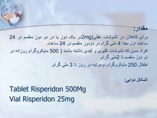 ‫مقدار‬
:
‫برای‬
‫کاهالن‬
‫در‬
‫ات‬ ‫و‬ ‫ت‬
‫لی‬
(
2mg
‫در‬
‫یک‬
‫دو‬
‫یا‬
‫در‬
‫دو‬
‫دو‬
‫سم‬ ‫من‬
‫در‬
24
‫ت‬ ‫سا‬
‫او‬
‫بعدا‬
4
‫ملی‬
‫گرام‬
‫در‬
‫دودو‬
‫سم‬ ‫من‬
‫در‬
24
‫ت‬ ‫سا‬
.
‫افراد‬
‫مسن‬
‫که‬
‫ات‬ ‫و‬ ‫ت‬
‫کلیوی‬
‫و‬
‫کبدی‬
‫ته‬ ‫دا‬
‫ند‬ ‫با‬
(
500
‫مایکروگرام‬
‫انه‬ ‫رو‬
‫در‬
‫دو‬
‫دو‬
‫سم‬ ‫من‬
‫تا‬
2
‫ملی‬
‫گرام‬
.
‫اطفا‬
250
‫مایکروگرام‬
‫دومرتبه‬
‫در‬
‫رو‬
‫تا‬
3
‫ملی‬
‫گرام‬
.
‫اشکال‬
‫دوایی‬
:
Tablet Risperidon 500Mg
Vial Risperidon 25mg
 