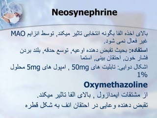 Neosynephrine
‫میکند‬ ‫تاثیر‬ ‫انتخابی‬ ‫بگونه‬ ‫ایفا‬ ‫اخره‬ ‫باالی‬
,
‫ا‬ ‫توسط‬
‫ایم‬ ‫ن‬
MAO
‫ود‬ ‫نمی‬ ‫فعا‬ ‫غیر‬
.
‫استفاده‬
:
‫یه‬ ‫او‬ ‫دهنده‬ ‫بض‬ ‫ت‬ ‫بحیث‬
,
‫حدقه‬ ‫توسع‬
,
‫بر‬ ‫بلند‬
‫دن‬
‫خون‬ ‫ار‬ ‫ف‬
,
‫بینی‬ ‫ان‬ ‫احت‬
,
‫استما‬
‫دوایی‬ ‫کا‬ ‫ا‬
:
‫های‬ ‫تابلیت‬
50mg
,
‫های‬ ‫امپو‬
5mg
‫محلو‬
1%
Oxymethazoline
‫و‬ ‫ایمدا‬ ‫ات‬ ‫ت‬ ‫م‬ ‫ا‬
,
‫میکند‬ ‫تاثیر‬ ‫ایفا‬ ‫باالی‬
.
‫قطره‬ ‫ک‬ ‫به‬ ‫انف‬ ‫ان‬ ‫احت‬ ‫در‬ ‫ایی‬ ‫و‬ ‫دهنده‬ ‫بض‬ ‫ت‬
 