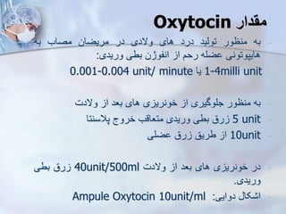 ‫مقدار‬
Oxytocin
-
‫به‬
‫منظور‬
‫تویید‬
‫درد‬
‫های‬
‫والدی‬
‫در‬
‫مریضان‬
‫مصاب‬
‫به‬
‫هایپوتونی‬
‫ضله‬
‫رحم‬
‫ا‬
‫انفوژن‬
‫بطی‬
‫وریدی‬
:
1-4milli unit
‫یا‬
0.001-0.004 unit/ minute
-
‫به‬
‫منظور‬
‫جلوگیری‬
‫ا‬
‫ی‬ ‫خونری‬
‫های‬
‫بعد‬
‫ا‬
‫والدت‬
-
5 unit
‫رق‬
‫بطی‬
‫وریدی‬
‫متعاقب‬
‫خروج‬
‫پالسنتا‬
-
10unit
‫ا‬
‫طریق‬
‫رق‬
‫ضلی‬
-
‫در‬
‫ی‬ ‫خونری‬
‫های‬
‫بعد‬
‫ا‬
‫والدت‬
40unit/500ml
‫رق‬
‫بطی‬
‫وریدی‬
.
-
‫کا‬ ‫ا‬
‫دوایی‬
:
Ampule Oxytocin 10unit/ml
 