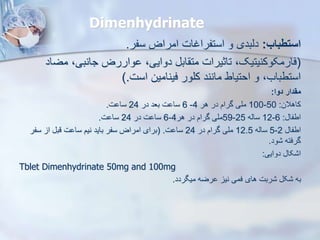 Dimenhydrinate
‫استطباب‬
:
‫سفر‬ ‫امراض‬ ‫استفراغات‬ ‫و‬ ‫دیبدی‬
.
(
‫مض‬ ،‫جانبی‬ ‫واررض‬ ،‫دوایی‬ ‫اب‬ ‫مت‬ ‫تاثیرات‬ ،‫فارمکوکنیتیک‬
‫اد‬
‫است‬ ‫فینامین‬ ‫کلور‬ ‫مانند‬ ‫احتیاط‬ ‫و‬ ،‫استطباب‬
).
‫دوا‬ ‫مقدار‬
:
‫کاهالن‬
:
50
-
100
‫هر‬ ‫در‬ ‫گرام‬ ‫ملی‬
4
-
6
‫در‬ ‫بعد‬ ‫ت‬ ‫سا‬
24
‫ت‬ ‫سا‬
.
‫اطفا‬
:
6
-
12
‫سایه‬
25
-
59
‫هر‬ ‫در‬ ‫گرام‬ ‫ملی‬
4
-
6
‫در‬ ‫ت‬ ‫سا‬
24
‫ت‬ ‫سا‬
.
‫اطفا‬
2
-
5
‫سایه‬
12.5
‫در‬ ‫گرام‬ ‫ملی‬
24
‫ت‬ ‫سا‬
( .
‫سفر‬ ‫ا‬ ‫قب‬ ‫ت‬ ‫سا‬ ‫نیم‬ ‫باید‬ ‫سفر‬ ‫امراض‬ ‫برای‬
‫ود‬ ‫گرفته‬
.
‫دوایی‬ ‫کا‬ ‫ا‬
:
Tblet Dimenhydrinate 50mg and 100mg
‫میگردد‬ ‫رضه‬ ‫نی‬ ‫فمی‬ ‫های‬ ‫ربت‬ ‫ک‬ ‫به‬
.
 
