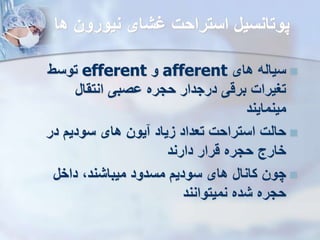 ‫ه‬ ‫نیورون‬ ‫شای‬ ‫استراحت‬ ‫پوتانسیل‬
‫ا‬

‫های‬ ‫سیاله‬
afferent
‫و‬
efferent
‫توسط‬
‫انتقال‬ ‫وصبی‬ ‫حجره‬ ‫درجدار‬ ‫برقی‬ ‫تغیرات‬
‫مینمایند‬

‫د‬ ‫سودی‬ ‫های‬ ‫یون‬ ‫زیاد‬ ‫تعداد‬ ‫استراحت‬ ‫حالت‬
‫ر‬
‫دارند‬ ‫قرار‬ ‫حجره‬ ‫خارج‬

‫داخل‬ ،‫میباشند‬ ‫مسدود‬ ‫سودی‬ ‫های‬ ‫کانال‬ ‫چون‬
‫نمیتوانند‬ ‫شده‬ ‫حجره‬
 