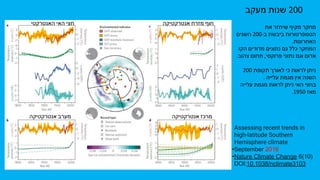 ‫האנטרקטי‬ ‫האי‬ ‫חצי‬
‫אנטרקטיקה‬ ‫מערב‬
‫אנטרקטיקה‬ ‫מזרח‬ ‫חוף‬
‫אנטרקטיקה‬ ‫מרכז‬
‫את‬ ‫שיחזר‬ ‫מקיף‬ ‫מחקר‬
‫השנים‬ 200-‫ב‬ ‫ביבשת‬ ‫הטמפרטורות‬
.‫האחרונות‬
‫הקו‬ ‫מדודים‬ ‫נתונים‬ ‫גם‬ ‫כלל‬ ‫המחקר‬
.‫צהוב‬ ‫תחום‬ ,‫פרוקסי‬ ‫נתוני‬ ‫וגם‬ ‫אדום‬
200 ‫תקופת‬ ‫לאורך‬ ‫כי‬ ‫לראות‬ ‫ניתן‬
. ‫עלייה‬ ‫מגמת‬ ‫אין‬ ‫השנה‬
‫עלייה‬ ‫מגמת‬ ‫לראות‬ ‫ניתן‬ ‫האי‬ ‫בחצי‬
.1950 ‫מאז‬
Assessing recent trends in
high-latitude Southern
Hemisphere climate
•September 2016
•Nature Climate Change 6(10)
DOI:10.1038/nclimate3103
‫מעקב‬ ‫שנות‬ 200
 