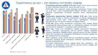 Судалгааны үр дүн – хэл ярианы сэтгэхүйн чадвар
Сэтгэхүйн ангилах чадвар: 6-10 нас: Бодит утгыг таньж ангилах
нь сайн. Хийсвэр үгсийн утгыг таньж ангилах нь сул.
11-17 нас. Нас нэмэгдэх тусам аажмаар сайжирдаг. Гэхдээ үгийн
гол утга биш, үгээр илэрхийлэгдэж байгаа зүйлийн адил төстэй
шинжийг чухалчилдаг сэтгэхүйн эмпирик шинж хадгалагдсаар
байна.
Сэтгэхүйн ерөнхийлөн дүгнэх чадвар: 6-10 нас: Бага ангид
энгийн эхийг утгаар нь ойлгож илэрхийлэх нь бусад чадваруудтай
харьцуулахад илүү сайн. Үгийн утгыг тайлбарлах, сэтгэхүйн
харьцуулан нэгтгэн дүгнэх чадвар сул байдаг байна.
11-14 нас: Дунд ангид математик тооцоолол хийх чадвар бусад
чадваруудтай харьцуулахад сайн, үг тайлбарлах чадвар, сэтгэхүйн
нэгтгэн дүгнэх чадварыг нь дэмжих хэрэгцээтэй байна.
15-17 нас: Үгийн утга тайлбарлах чадвар харьцангүй нэмэгддэг
байна. Сэтгэхүйн харьцуулан нэгтгэн дүгнэх чадвар тодорхой
түвшинд нэмэгддэг. Өөрөөр хэлбэл, үзэгдэл юмсын гол мөн чанарыг
таньж нэгтгэн дүгнэх нь сайжирдаг. Математик сэтгэхүйн чадвар тэр
бүр сайжраагүй тал харагдлаа.
Ярих чадварын хувьд энгийн богино өгүүлбэрээр ярьдаг, нийлмэл
ялангуяа, холбоос бүхий хавсарсан нийлмэл өгүүлбэрээр санаа
бодлоо илэрхийлдэггүй.
Сэтгэхүйн ерөнхийлөн дүгнэх чадвар буюу юмс үзэгдлийн гол
шинжийг нь хийсвэрлэн таньж нэгтгэн дүгнэж ойлгох чадвар нас
нэмэгдэх тусам сайжирдаг (p<0.01).
у
т
г
ы
н
о
й
б
о
д
и
т
ү
г
т
а
й
л
б
а
р
л
а
х
х
и
й
с
в
э
р
у
т
г
а
т
а
й
ү
г
т
а
й
л
б
а
р
л
а
х
с
а
л
а
а
у
т
г
а
т
а
й
ү
г
т
а
й
л
б
а
р
л
а
х
х
э
л
я
р
и
а
н
ы
с
э
т
г
э
х
ү
й
н
х
а
р
ь
ц
у
у
л
а
н
н
э
г
т
г
э
н
д
ү
г
н
э
х
м
а
т
е
м
а
т
и
к
с
э
т
г
э
х
ү
й
2.96
2.5
2.2
1.8 2
2.6
2.8
2.7
2.7
2
2.5
3.4
3.02
3.1 3.3
2.5
2.9
3.4
6-10 нас 11-14 нас 15-17 нас
 