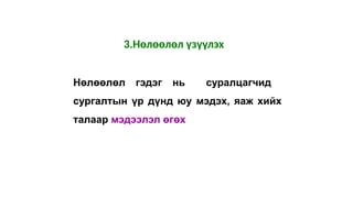 3.Нөлөөлөл үзүүлэх
Нөлөөлөл гэдэг нь суралцагчид
сургалтын үр дүнд юу мэдэх, яаж хийх
талаар мэдээлэл өгөх
 