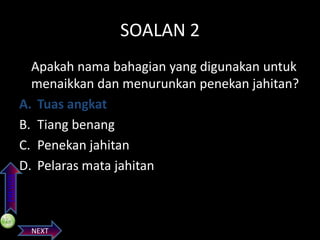 SOALAN 2

PREVIOS

Apakah nama bahagian yang digunakan untuk
menaikkan dan menurunkan penekan jahitan?
A. Tuas angkat
B. Tiang benang
C. Penekan jahitan
D. Pelaras mata jahitan

NEXT

 