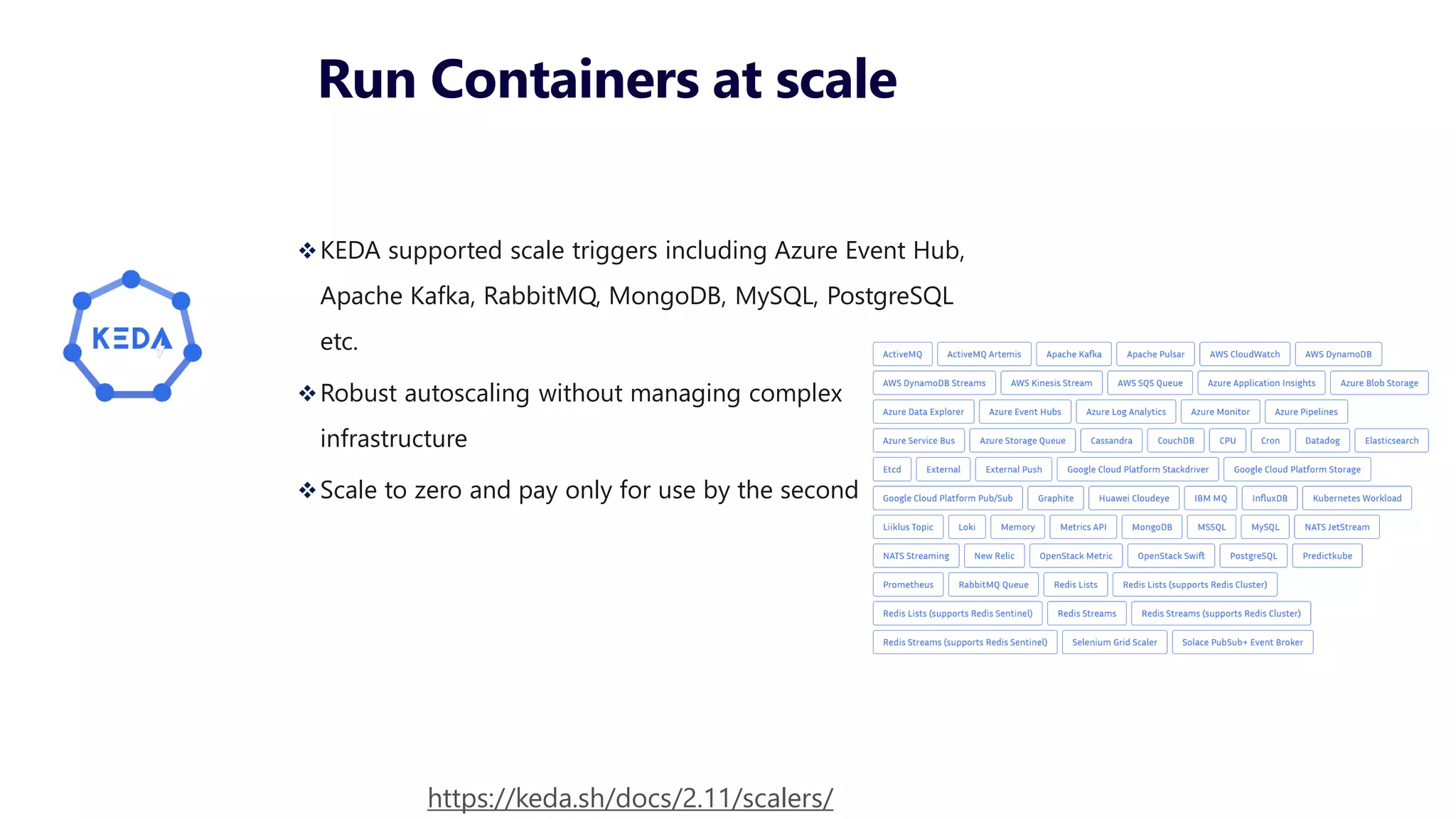 Run Containers at scale
❖KEDA supported scale triggers including Azure Event Hub,
Apache Kafka, RabbitMQ, MongoDB, MySQL, PostgreSQL
etc.
❖Robust autoscaling without managing complex
infrastructure
❖Scale to zero and pay only for use by the second
https://keda.sh/docs/2.11/scalers/
 