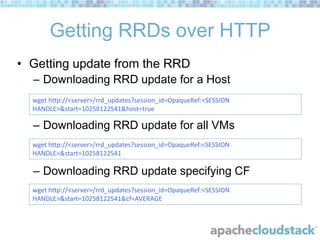 Getting RRDs over HTTP
• Getting update from the RRD
– Downloading RRD update for a Host
wget http://<server>/rrd_updates?session_id=OpaqueRef:<SESSION
HANDLE>&start=10258122541&host=true

– Downloading RRD update for all VMs
wget http://<server>/rrd_updates?session_id=OpaqueRef:<SESSION
HANDLE>&start=10258122541

– Downloading RRD update specifying CF
wget http://<server>/rrd_updates?session_id=OpaqueRef:<SESSION
HANDLE>&start=10258122541&cf=AVERAGE

 