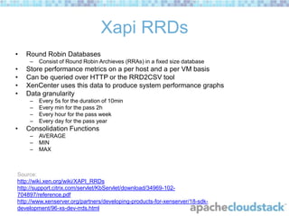 Xapi RRDs
•

Round Robin Databases
–

•
•
•
•

Store performance metrics on a per host and a per VM basis
Can be queried over HTTP or the RRD2CSV tool
XenCenter uses this data to produce system performance graphs
Data granularity
–
–
–
–

•

Consist of Round Robin Archieves (RRAs) in a fixed size database

Every 5s for the duration of 10min
Every min for the pass 2h
Every hour for the pass week
Every day for the pass year

Consolidation Functions
–
–
–

AVERAGE
MIN
MAX

Source:
http://wiki.xen.org/wiki/XAPI_RRDs
http://support.citrix.com/servlet/KbServlet/download/34969-102704897/reference.pdf
http://www.xenserver.org/partners/developing-products-for-xenserver/18-sdkdevelopment/96-xs-dev-rrds.html

 