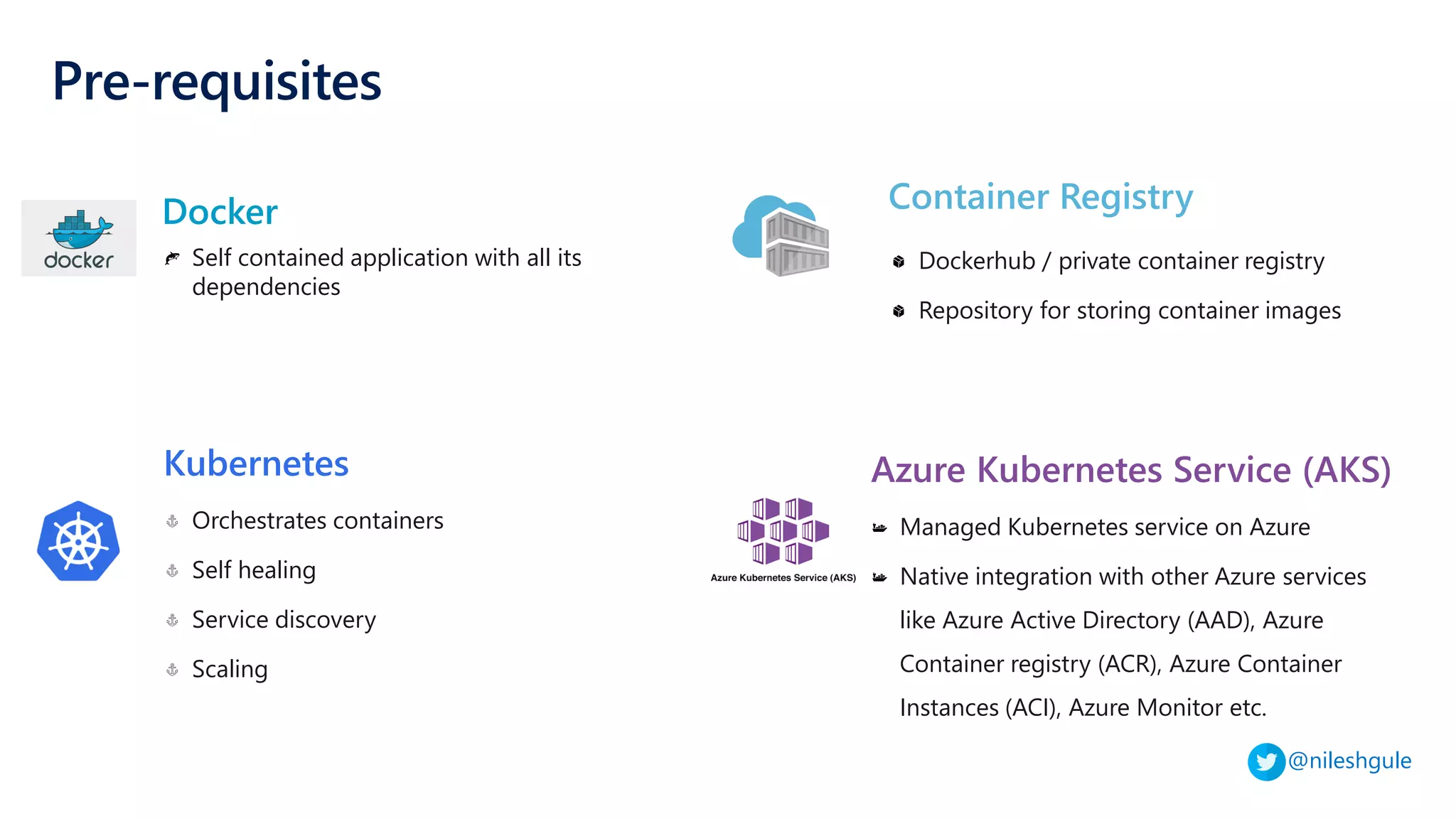@nileshgule
Pre-requisites
Self contained application with all its
dependencies
Docker
Dockerhub / private container registry
Repository for storing container images
Container Registry
Orchestrates containers
Self healing
Service discovery
Scaling
Kubernetes
Managed Kubernetes service on Azure
Native integration with other Azure services
like Azure Active Directory (AAD), Azure
Container registry (ACR), Azure Container
Instances (ACI), Azure Monitor etc.
Azure Kubernetes Service (AKS)
 
