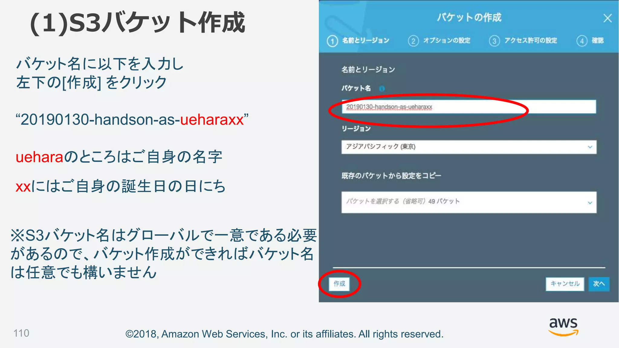 ©2018, Amazon Web Services, Inc. or its affiliates. All rights reserved.
(1)S3バケット作成
バケット名に以下を入力し
左下の[作成] をクリック
“20190130-handson-as-ueharaxx”
ueharaのところはご自身の名字
xxにはご自身の誕生日の日にち
※S3バケット名はグローバルで一意である必要
があるので、バケット作成ができればバケット名
は任意でも構いません
110
 