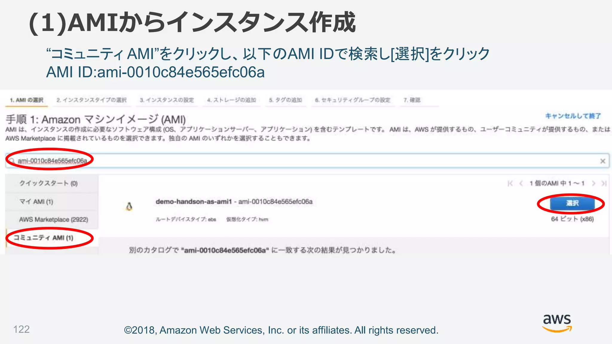 ©2018, Amazon Web Services, Inc. or its affiliates. All rights reserved.
“コミュニティ AMI”をクリックし、以下のAMI IDで検索し[選択]をクリック
AMI ID:ami-0010c84e565efc06a
122
(1)AMIからインスタンス作成
 