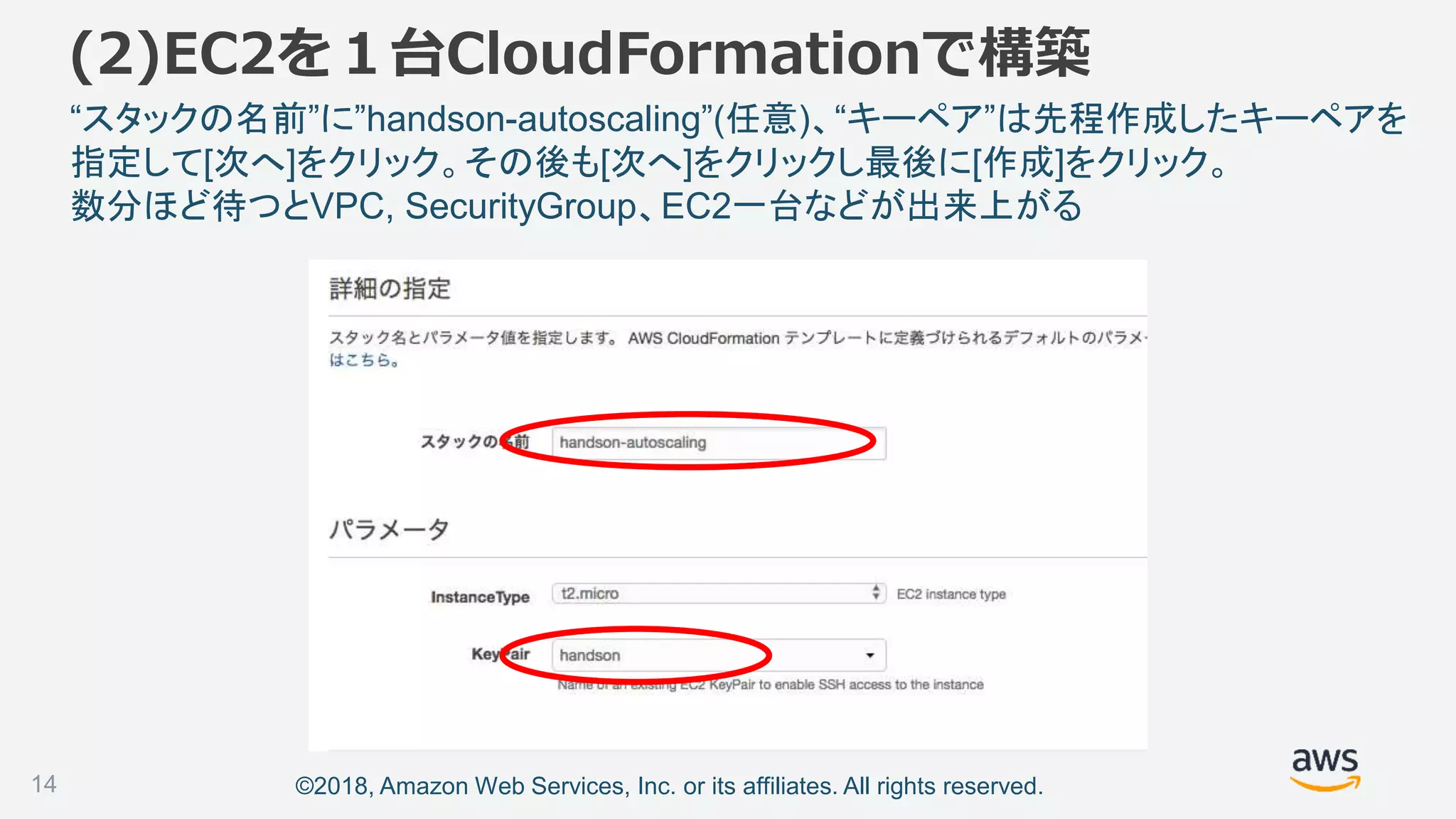 ©2018, Amazon Web Services, Inc. or its affiliates. All rights reserved.
“スタックの名前”に”handson-autoscaling”(任意)、“キーペア”は先程作成したキーペアを
指定して[次へ]をクリック。その後も[次へ]をクリックし最後に[作成]をクリック。
数分ほど待つとVPC, SecurityGroup、EC2一台などが出来上がる
(2)EC2を１台CloudFormationで構築
14
 