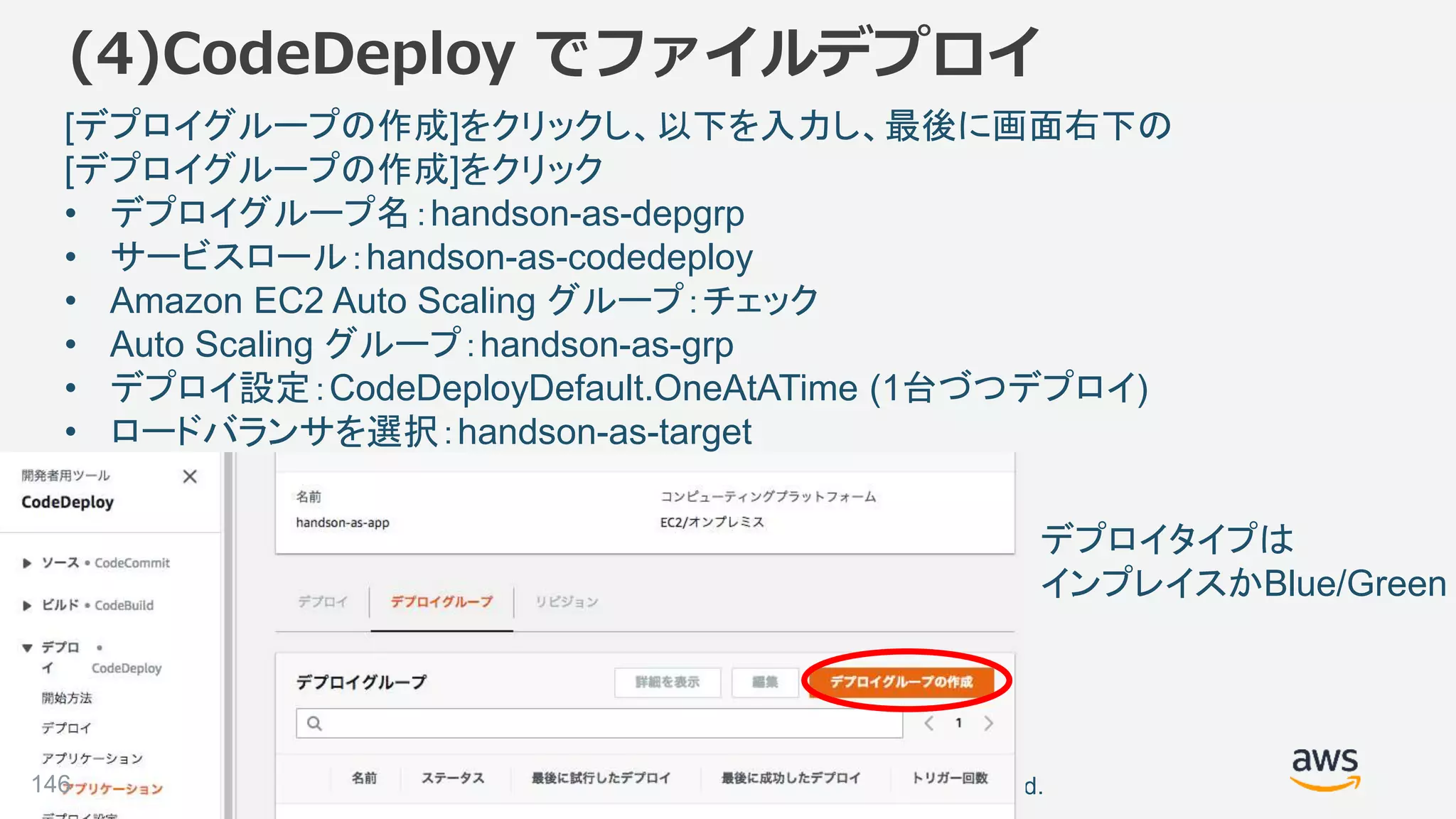 ©2018, Amazon Web Services, Inc. or its affiliates. All rights reserved.146
[デプロイグループの作成]をクリックし、以下を入力し、最後に画面右下の
[デプロイグループの作成]をクリック
• デプロイグループ名：handson-as-depgrp
• サービスロール：handson-as-codedeploy
• Amazon EC2 Auto Scaling グループ：チェック
• Auto Scaling グループ：handson-as-grp
• デプロイ設定：CodeDeployDefault.OneAtATime (1台づつデプロイ)
• ロードバランサを選択：handson-as-target
(4)CodeDeploy でファイルデプロイ
デプロイタイプは
インプレイスかBlue/Green
 