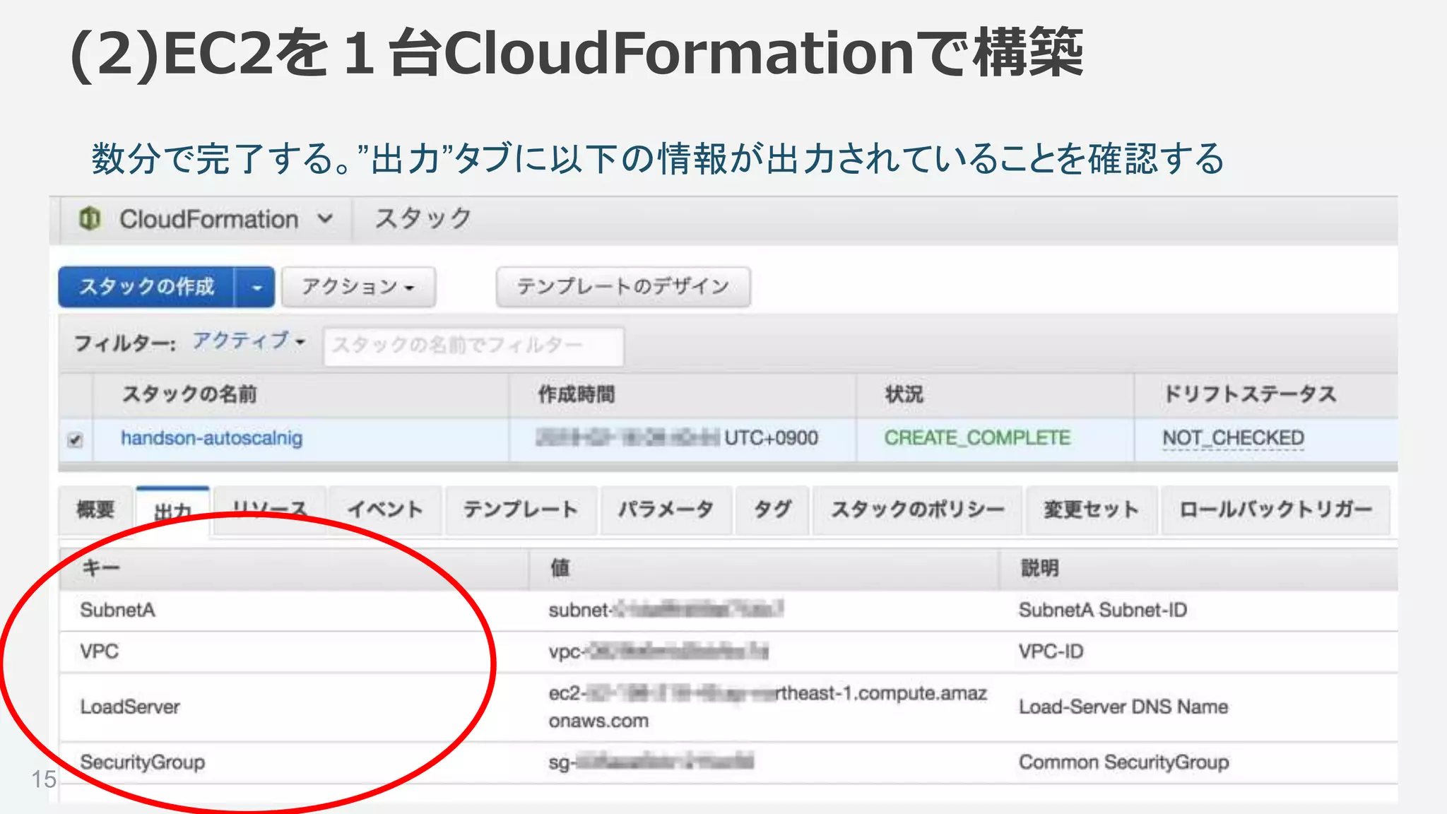 ©2018, Amazon Web Services, Inc. or its affiliates. All rights reserved.
数分で完了する。”出力”タブに以下の情報が出力されていることを確認する
(2)EC2を１台CloudFormationで構築
15
 