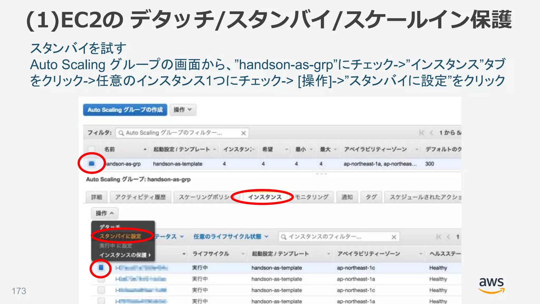 ©2018, Amazon Web Services, Inc. or its affiliates. All rights reserved.173
スタンバイを試す
Auto Scaling グループの画面から、”handson-as-grp”にチェック->”インスタンス”タブ
をクリック->任意のインスタンス1つにチェック-> [操作]->”スタンバイに設定”をクリック
(1)EC2の デタッチ/スタンバイ/スケールイン保護
 