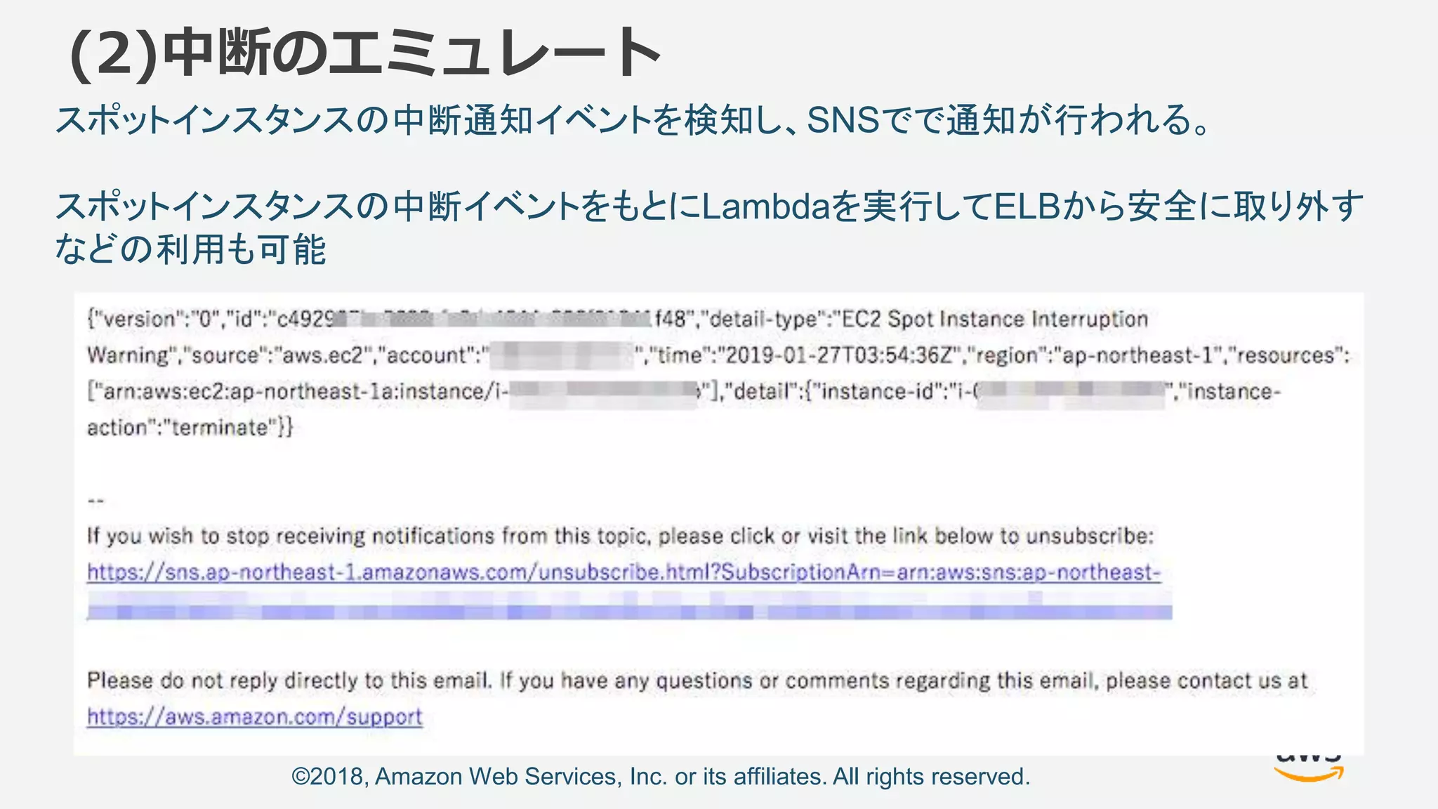 ©2018, Amazon Web Services, Inc. or its affiliates. All rights reserved.
(2)中断のエミュレート
スポットインスタンスの中断通知イベントを検知し、SNSでで通知が行われる。
スポットインスタンスの中断イベントをもとにLambdaを実行してELBから安全に取り外す
などの利用も可能
 