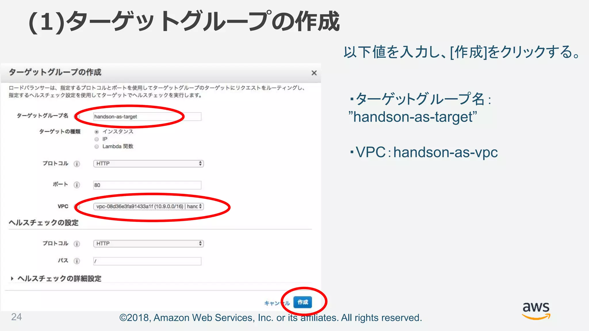 ©2018, Amazon Web Services, Inc. or its affiliates. All rights reserved.
以下値を入力し、[作成]をクリックする。
(1)ターゲットグループの作成
24
・ターゲットグループ名：
”handson-as-target”
・VPC：handson-as-vpc
 