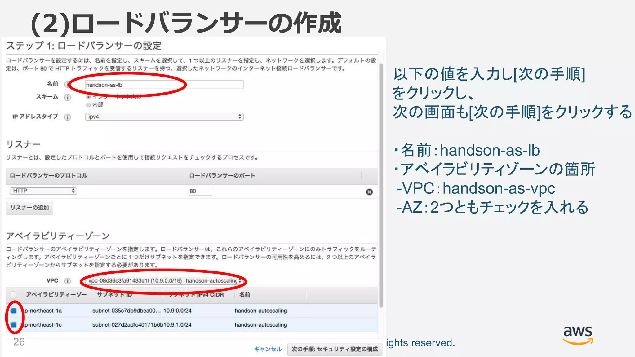 ©2018, Amazon Web Services, Inc. or its affiliates. All rights reserved.
以下の値を入力し[次の手順]
をクリックし、
次の画面も[次の手順]をクリックする
・名前：handson-as-lb
・アベイラビリティゾーンの箇所
-VPC：handson-as-vpc
-AZ：2つともチェックを入れる
(2)ロードバランサーの作成
26
 