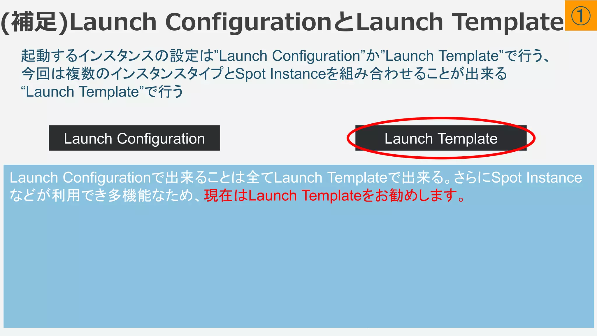 ©2018, Amazon Web Services, Inc. or its affiliates. All rights reserved.
起動するインスタンスの設定は”Launch Configuration”か”Launch Template”で行う、
今回は複数のインスタンスタイプとSpot Instanceを組み合わせることが出来る
“Launch Template”で行う
34
• 昔はAutoScalingを使う場合必ず
LaunchConfigurationを使っていた
• Launch Templateに複製する機能
あり
Launch Configuration Launch Template
• Launch Templateのバージョン
管理機能あり
• AutoScalingGroupで“購入オプ
ションとインスタンスを組み合わ
せる”のオプションが使える
Launch Configurationで出来ることは全てLaunch Templateで出来る。さらにSpot Instance
などが利用でき多機能なため、現在はLaunch Templateをお勧めします。
①(補足)Launch ConfigurationとLaunch Template
 