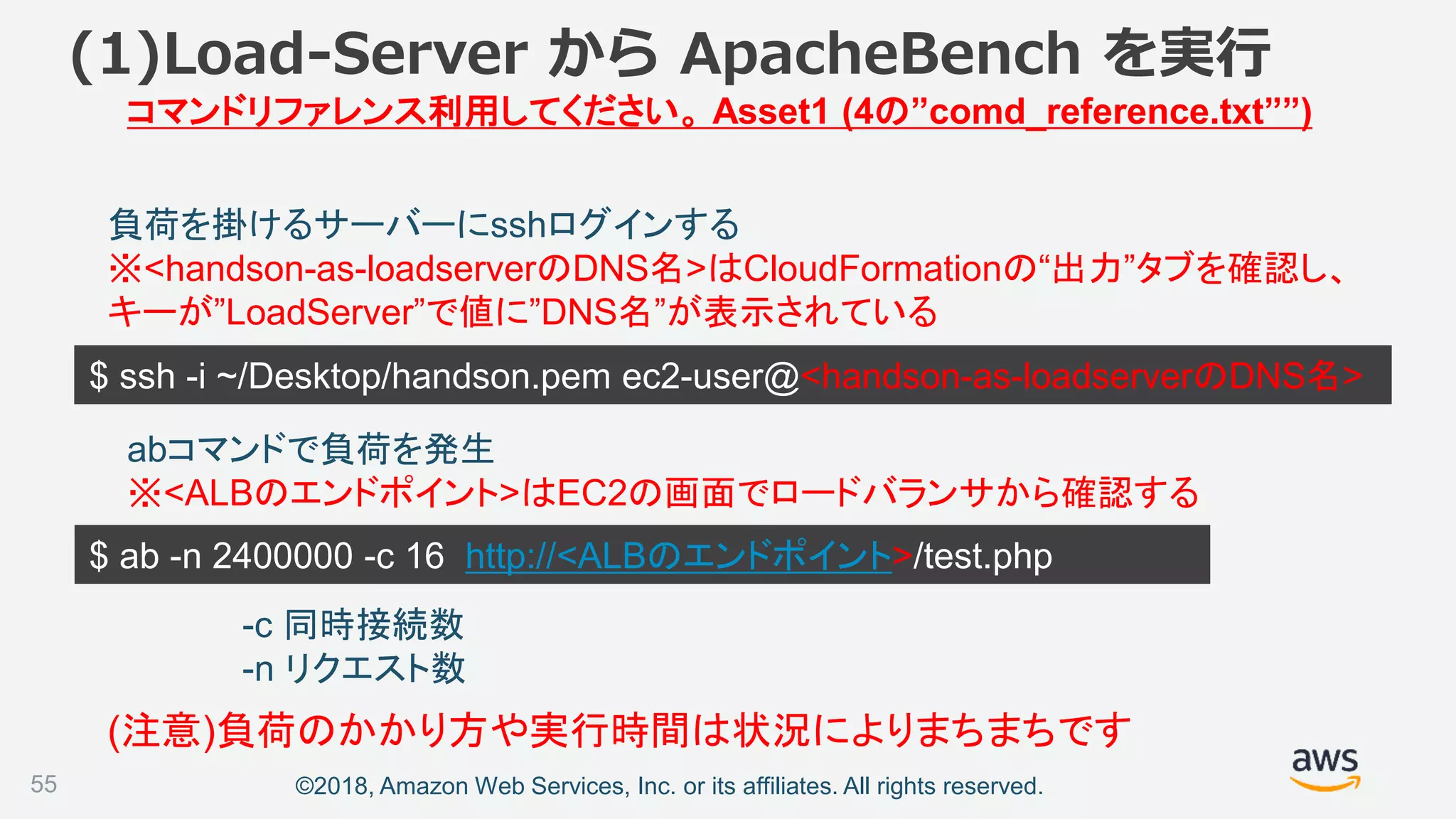 ©2018, Amazon Web Services, Inc. or its affiliates. All rights reserved.55
$ ssh -i ~/Desktop/handson.pem ec2-user@<handson-as-loadserverのDNS名>
(1)Load-Server から ApacheBench を実行
負荷を掛けるサーバーにsshログインする
※<handson-as-loadserverのDNS名>はCloudFormationの“出力”タブを確認し、
キーが”LoadServer”で値に”DNS名”が表示されている
abコマンドで負荷を発生
※<ALBのエンドポイント>はEC2の画面でロードバランサから確認する
$ ab -n 2400000 -c 16 http://<ALBのエンドポイント>/test.php
(注意)負荷のかかり方や実行時間は状況によりまちまちです
コマンドリファレンス利用してください。 Asset1 (4の”comd_reference.txt””)
-c 同時接続数
-n リクエスト数
 