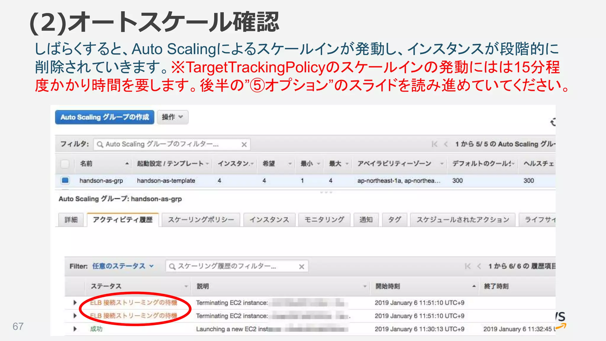 ©2018, Amazon Web Services, Inc. or its affiliates. All rights reserved.
しばらくすると、Auto Scalingによるスケールインが発動し、インスタンスが段階的に
削除されていきます。※TargetTrackingPolicyのスケールインの発動にはは15分程
度かかり時間を要します。後半の”⑤オプション”のスライドを読み進めていてください。
67
(2)オートスケール確認
 